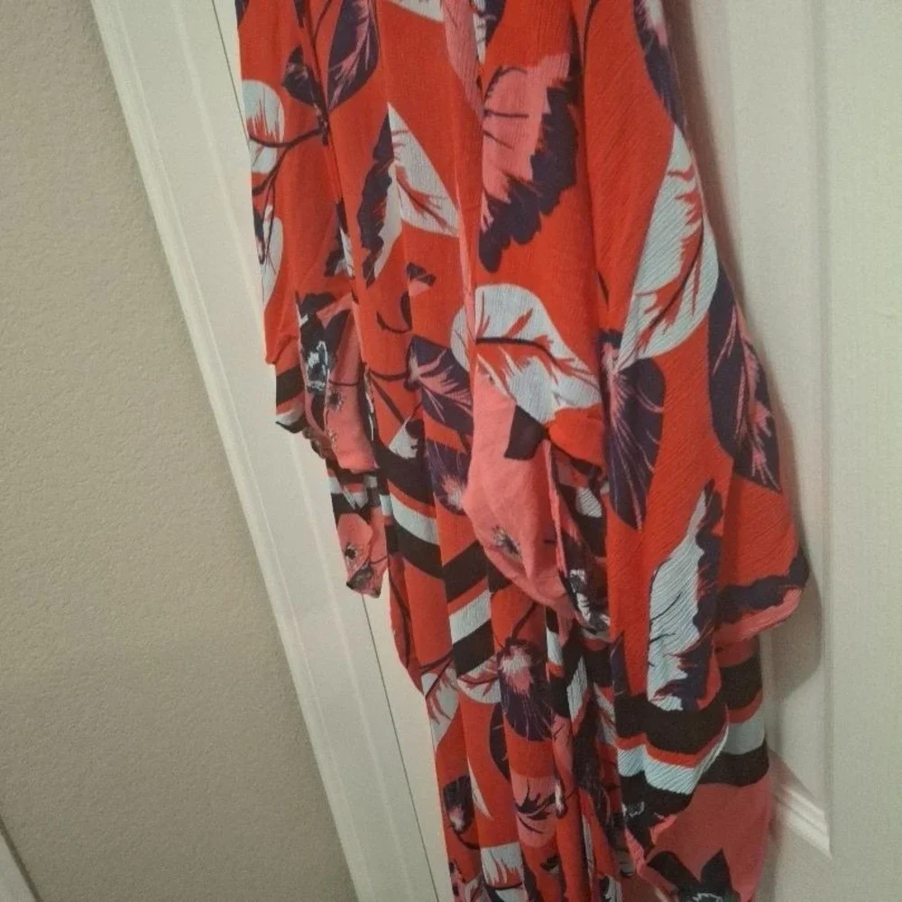 Unbranded One Size Red Blue Tropical‎ Leaf Loose Resort Kimono Coverup